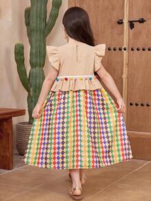SHEIN Robe de vacances décontractée pour jeune fille, patchwork de couleur unie, fleurs marguerite en patchwork - Multicolore - Voir 2