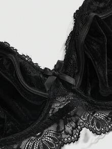 ROMWE Goth 加大码哥特式天鹅绒镂空蕾丝花卉钢圈文胸 - 黑色 - 查看 3