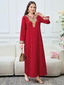 SHEIN Red Polka Dot Woven Print Pattern Robe For Teen Girls, Casual, Vacation, Daily Wear, Modest Arabic Jalabiya Style,Kids - Red - View 7