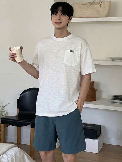 DAZY Men's Summer Solid Color Short Sleeve Top And Shorts Pajama Set