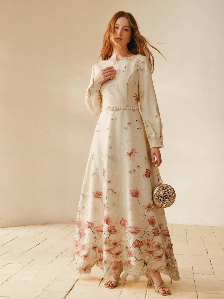 WOMEN'S ROUND NECK MESH PATCHWORK FLORAL EMBROIDERY DRESS