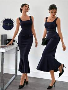 Ritzy Row 法式经典优雅针织方领鱼尾下摆宽肩带吊带连衣裙，新款春季女装 - 藏蓝色 - 查看 3