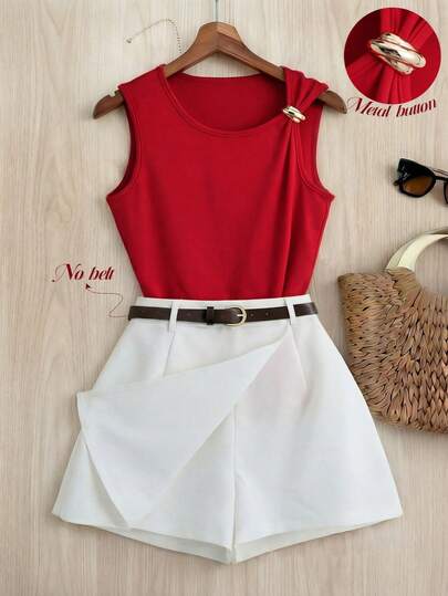 Franclia 女士纯色金属纽扣设计背心和短裙两件套，时尚百搭