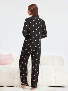 Bonmuse 2 件套女士心形印花睡衣套装，长袖纽扣领上衣和长裤，休闲睡衣家居服，适合秋冬，秋季服装 - 黑色 - 查看 2