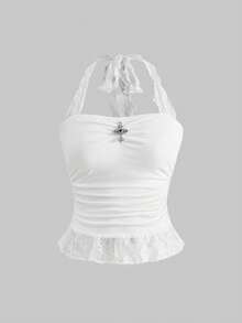 ROMWE Goth 哥特风 Y2K 性感撞色蕾丝露脐吊带短款上衣，交叉腰部褶皱紧身设计 - 白色 - 查看 1