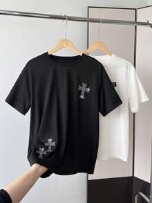 Coolqubz Teen Boy Spring/Summer New Edgy Cross Studded Short Sleeve Dark T-Shirt - Black - View 4