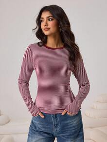 Aidyla Women's Casual Red Striped Long Sleeve Rib-Knit Round Neck Regular T-Shirt - Red - View 4