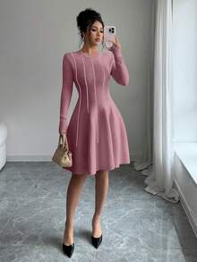 SHEIN Elenzya Đầm ngắn tay dài cổ tròn, eo thon, kiểu Hàn Quốc thu đông thanh lịch phối màu. - Hồng - Xem 4