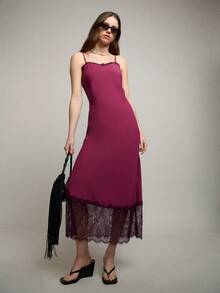 Nöista Đầm slip dress với viền ren dọc theo đường viền cổ và gấu đầm. Thích hợp cho trang phục dạ hội, các dịp đặc biệt, mặc ban đêm, mùa xuân, mùa hè. - Màu tím - Xem 1