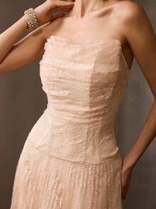 MOTF Soiréza VESTIDO DE FIESTA CORTO PARA MUJER DE PRIMAVERA CON ENCAJE Y DECORACIÓN DE LENTEJUELAS SIN TIRANTES - Amarillo - Ver 3
