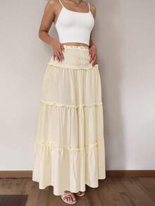 Glamine 腰部褶皱拼接蛋糕裙喇叭裙，休闲日常度假裙 - 黃色 - 查看 7