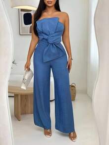 Vavine 1 Set Women Bow Tie Strap Fitted Top And Straight Textured Elastic Waist Casual Pants - Blue - View 4