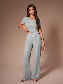 Lazeform Women's Loose Fit Slimming Short Sleeve Wide Leg Pants Casual 2 Pieces Set, Suitable For Outdoor Wear In Summer - Light Grey - View 3