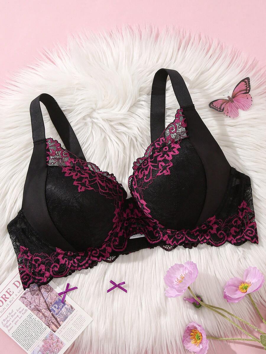 DesireSculpt Plus Size Lace Patchwork Underwire Bra, Comfortable Wide Strap, Sexy Lace, 1pc - Multicolor - View 1