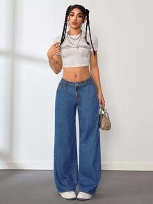 SHEIN Tall Women's Low Waist Straight Leg Blue Jeans - Dark Wash - View 6