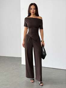 SHEIN PETITE Autumn/Winter Solid Brown Sexy Asymmetric Neck Women Short Sleeve Top & Pants 2 Pieces Set Autumn/Winter Thermal Lining Women's Knitted 2 Pieces Set Basic Knit Women's Asymmetric Neck Top - Brown - View 6