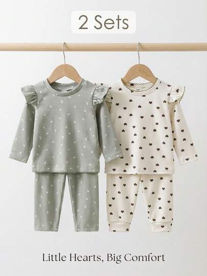 2套女宝宝甜美可爱爱心花卉印花罗纹针织荷叶边长袖圆领T恤上衣和裤子打底裤套装，柔软弹力舒适休闲套装，适合春秋冬季日常穿着。
