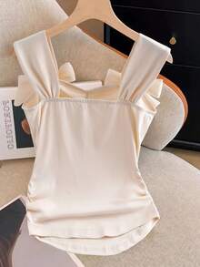 GlowEve Bow Tie Camisole Pleated Camisole, Soft Romantic Style For Dates And Commuting, Layering Or Outerwear - Apricot - View 2