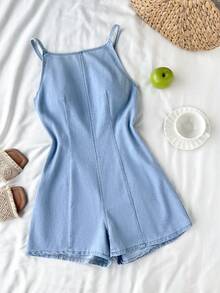 Comfortcana 女士休闲圆领吊带牛仔连体裤，夏季 - 淺色水洗藍 - 查看 4