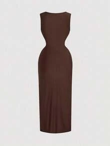 SHEIN MOD Đầm nữ màu trơn không tay, dáng bất đối xứng, thắt eo xoắn, thích hợp cho mùa hè. - Cà phê - Xem 4