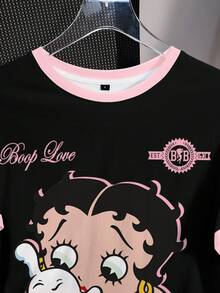 Betty Boop x SHEIN 女士休闲撞色滚边卡通图案圆领短袖T恤，夏季 - 白色 - 查看 5