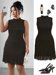 Elenzga Plus Size Textured Jacquard Fabric Solid Color Ruffle Hem Sleeveless Dress, Ribbed Knit Bodycon Skirt, Fashionable Versatile For Dates And Parties