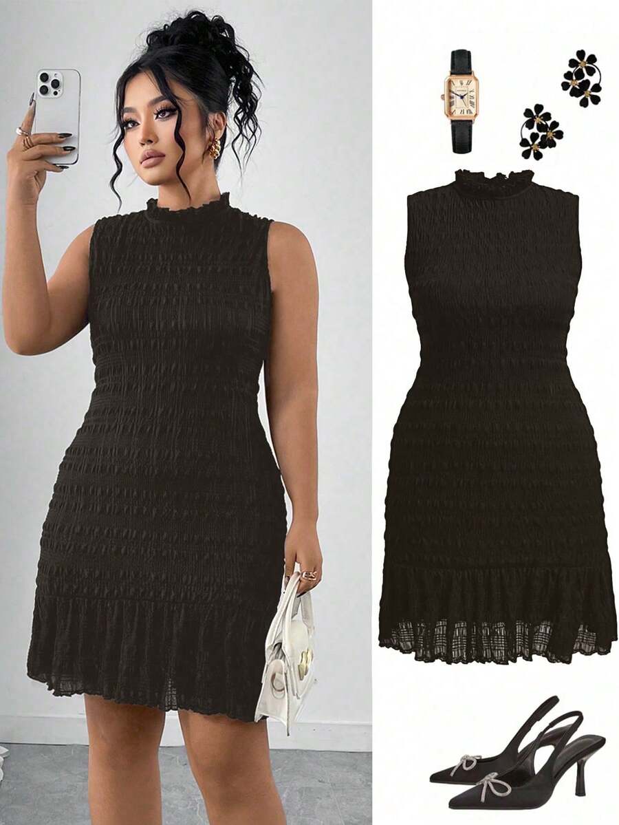 Elenzga 大码提花面料纯色荷叶边无袖连衣裙，罗纹针织修身半身裙，时尚百搭，适合约会和派对 - 咖啡棕 - 查看 1