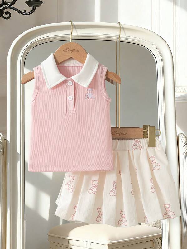 Souflis Souflis 2pcs/Set Baby Girl Spring&Summer Casual Style Bowknot-Shape Embroidery Sleeveless Top&Short Pleated Skirt