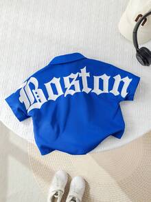 SHEIN Baby Boy Casual Fashionable Slogan Graphic Blue Short Sleeve Shirt Top, Spring/Summer Baby Boy Clothes Letterman Baby Boy Jersey Shirt Baby Baseball Shirt - Royal Blue - View 5