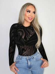 SHEIN PETITE Sexy Sheer Geometric Striped Mesh Flocked Fabric Bodysuit For Women, Spring/Summer - Black - View 3