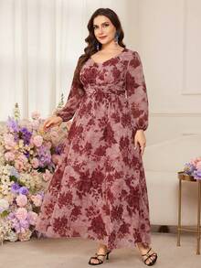 Modelyn 浪漫雪纺印花长袖A字型长连衣裙，大码，春夏款 - 彩色 - 查看 4