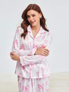 Bonmuse 2pcs Casual Elegant Ribbon Bow Print Loungewear Pajama Set For Women, Includes Long Sleeve Lapel Top And Relaxed Elastic Waist Pants, Suitable For Sleepwear And Homewear, All Season, Winter Clothes - White - View 5