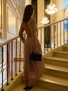 Vivie Lora Vestido Médio Elegante de Manga Longa com Decote Redondo, Costas Abertas e Lantejoulas de Cor Sólida, Vestido Brilhante e Vestido de Verão - Preto - Visão 1