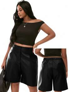 SHEIN Unity 大码女式纯色口袋休闲皮短裤 - 黑色 - 查看 6