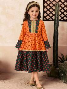 SHEIN Vestido de manga larga con estampado de rosa sudanesa de color contrastante y patchwork floral para niñas, vestido tradicional para fiestas y vacaciones - Amarillo - Ver 1