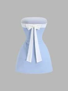 Sweetra Đầm ống ôm sát gợi cảm bằng nhung phối màu tương phản, thắt nơ, thích hợp cho nữ, phù hợp đi làm và mặc thường ngày, mùa xuân/thu. - Màu xanh lam - Xem 2