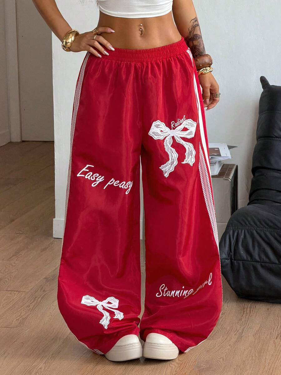 Coolane 女士夏季音乐会锐舞节外出Y2K复古街头服饰印花运动阔腿裤 - 紅色 - 查看 1