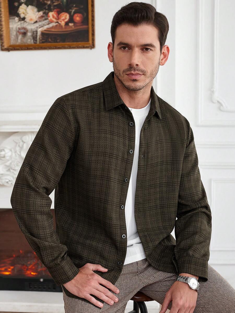 Core Aspect Camisa casual de manga larga con textura de jacquard de unicolor para hombre, otoño - Verde militar - Ver 1