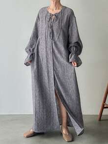 FRIFUL 女士纯色系带领单排扣休闲宽松日常约会外出长裙 - 藏蓝色 - 查看 5