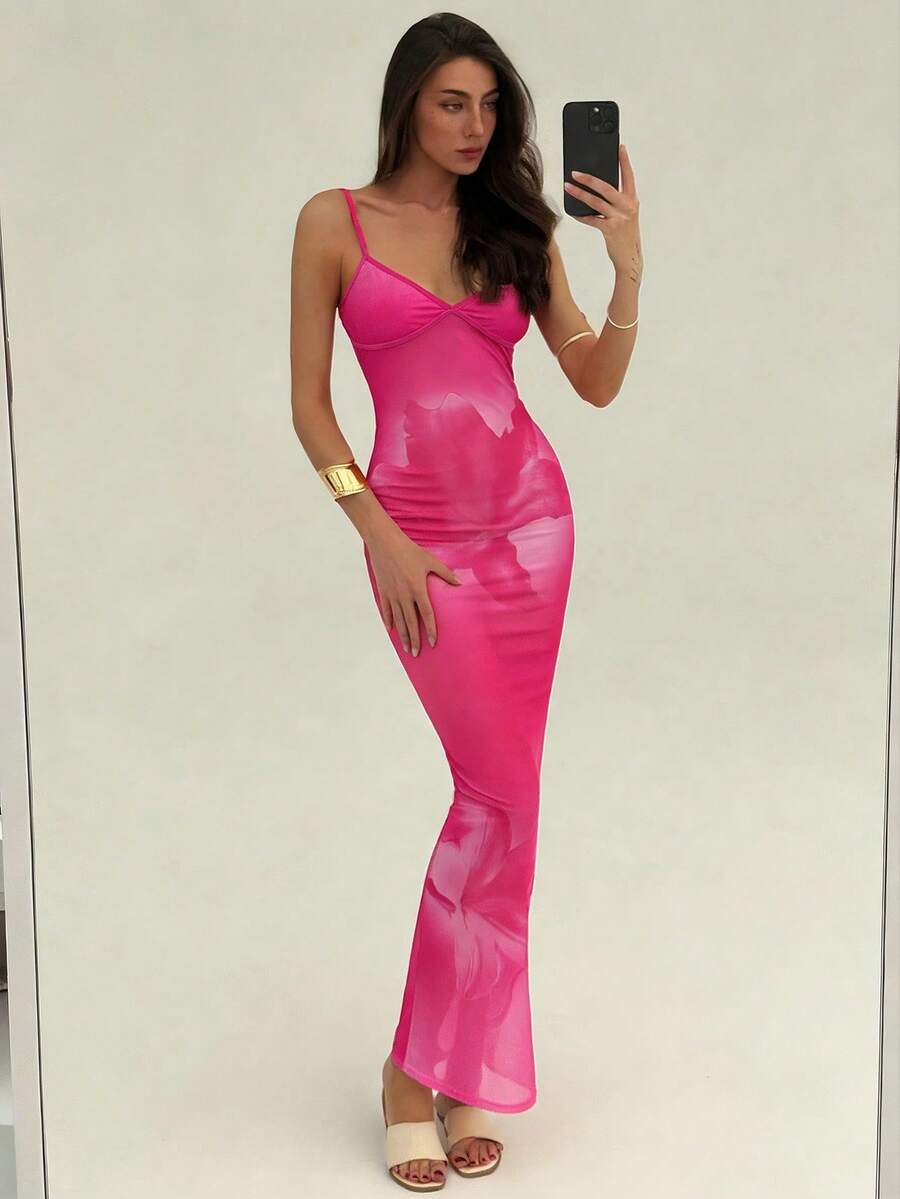 Aloruh 新浪漫碎花简约修身鱼尾连衣裙 - 粉色 - 查看 1