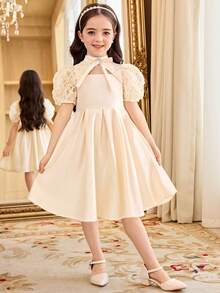 Vestido de novia tejido con cuello alto, cintura hueca y dobladillo acampanado con parches de malla bordada con flores para niña, vestido de dama de honor de unicolor satinado, vestido formal de color albaricoque, vestido de niña de las flores para la temporada de bodas - Albaricoque - Ver 5