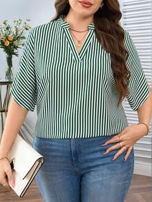 SHEIN Clasi 大码女式条纹V领宽松短袖衬衫 - 綠色 - 查看 8