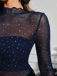 SHEIN Clasi Glamorous Sexy Sheer Mesh Rhinestone Embellished Blouse, Party Wear - Navy Blue - View 5