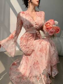 DAZY Damen elegantes 2-teiliges Set aus Blumenprint V-Ausschnitt Bluse mit Glockenärmeln und Rock, Frühling/Sommer - Pink - Übersicht 4