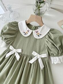 LMoss Kids 女童碎花泡泡袖蕾丝修身A字裙摆连衣裙，适合女孩日常穿着、节日、家庭聚会和特殊场合。 - 綠色 - 查看 6