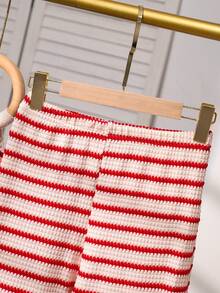 SHEIN Girls Oversized Hoodie + Striped Wide Leg Pants Set, Suitable For Spring And Autumn - Red - View 4