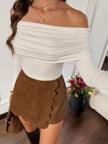 Serisse 女士纯色不对称下摆时尚短裤 - 棕色 - 查看 2