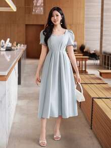 DAZY 女士优雅纯色泡泡袖系腰中长连衣裙，夏季婚礼宾客礼服 - 藍色 - 查看 5