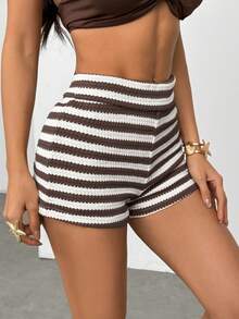 SHEIN PETITE 女士条纹弹力腰紧身休闲短裤，返校季女生穿搭，外出上衣，节日穿搭 - 咖啡棕 - 查看 11