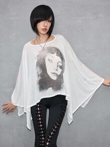 J-Fashion 复古宽松印花图案T恤，女款 - 白色 - 查看 4